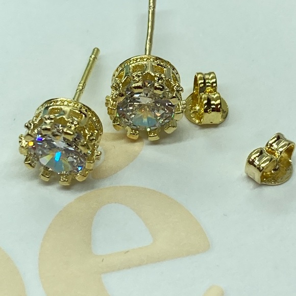Gold Pleaded CZ Stud Earrings - Picture 2 of 3
